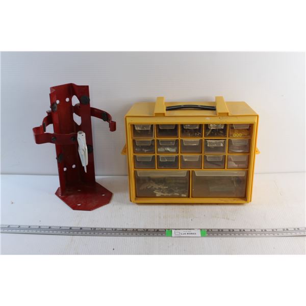 Tool Box Drawer with Assorted Hardware and Fire Extinguisher Wall Mount