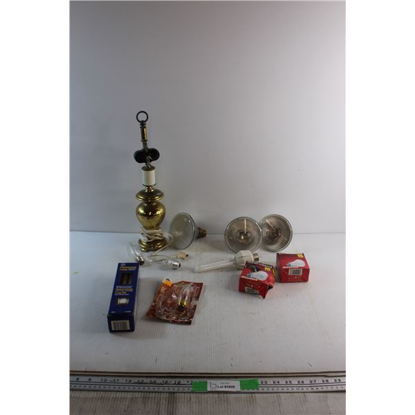 Vintage Brass Lamp, Flood & Assorted Light Bulbs - As Is