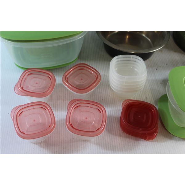 Planter, Assorted Rubbermaid Containers with Lids and Metal Bowl