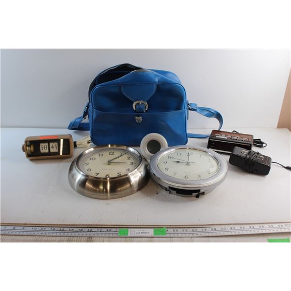 Faux Leather Bag, Vintage Wall Clocks and Alarms - As Is