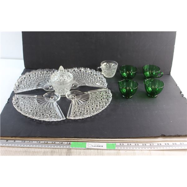 Hostess Glass Set (4) Plates and (1) Cup and (4) Green Glass Tea Cups