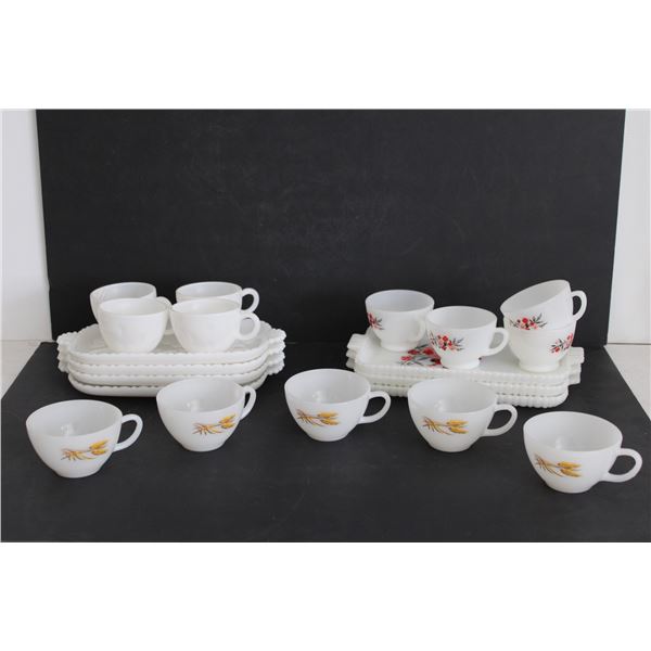 (2) Milk Glass Hostess Sets (1 is Missing a Tray), and (5) Fire King Milk Glass Mugs