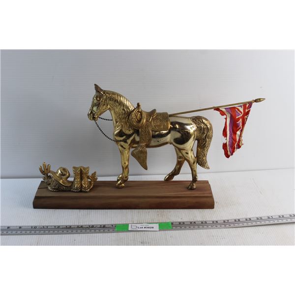 Brass Horse on a Wooden Stand with a Union Jack Flag