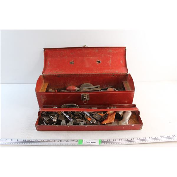 Tool Box with Assorted Tools & Hardware - Drill Heads, Ratchet Wrench, Wrenches and Misc.