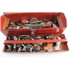 Image 2 : Tool Box with Assorted Tools & Hardware - Drill Heads, Ratchet Wrench, Wrenches and Misc.