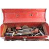 Image 3 : Tool Box with Assorted Tools & Hardware - Drill Heads, Ratchet Wrench, Wrenches and Misc.