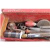 Image 4 : Tool Box with Assorted Tools & Hardware - Drill Heads, Ratchet Wrench, Wrenches and Misc.