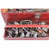 Image 6 : Tool Box with Assorted Tools & Hardware - Drill Heads, Ratchet Wrench, Wrenches and Misc.