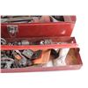 Image 7 : Tool Box with Assorted Tools & Hardware - Drill Heads, Ratchet Wrench, Wrenches and Misc.