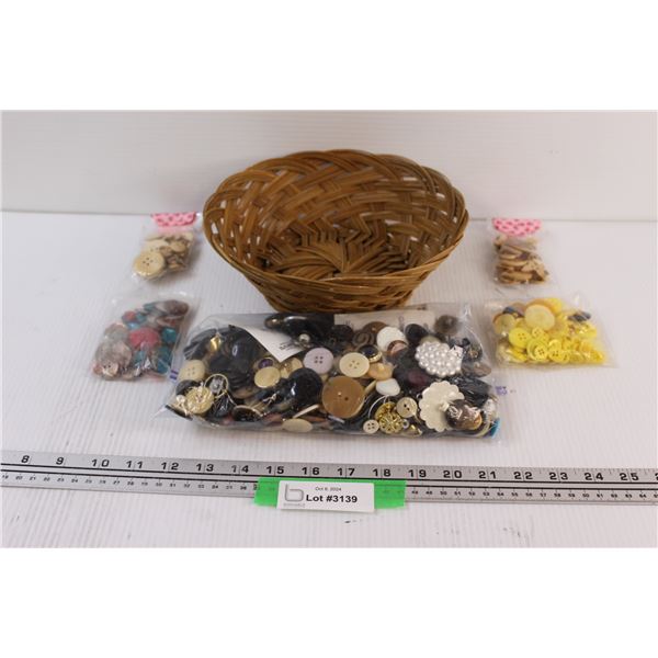 Wicker Fruit Basket & (5) Assorted Bags of Buttons