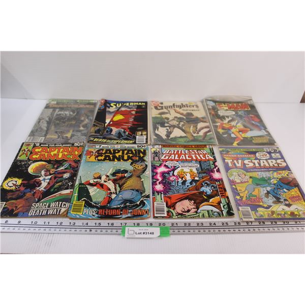 (8) Comicbooks: Dragonslayer (#1), Captain Canuck, Superman, Gunfighters, E-Man, Hanna Barbera, Batt