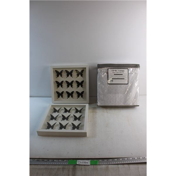 (2) Framed Butterfly Wall Decorations and Cloth&Conopy 6pc Queen Sheet Set