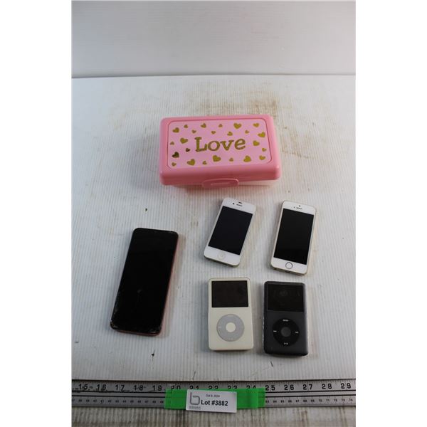 (2) Apple iPods, iPhone 4S, 5S, Samsung Smartphone and Plastic Container - As Is