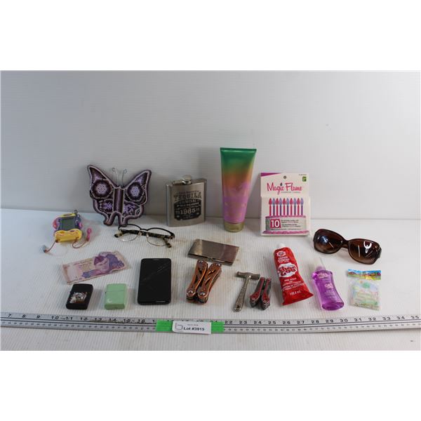 50 Pakistani Rupees, Multi Tools, One Touch Smartphone, Hip Flask and Assorted Items