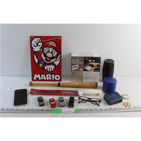 Mario Sign, iPhone 11 - As Is, JBL & Misc. Portable Speakers, Bread Knife and Assorted Items