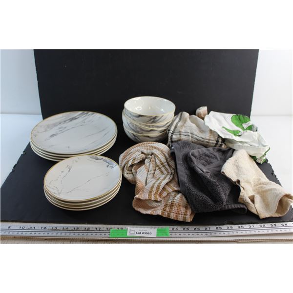 12 pc Plates & Bowls Set and Kitchen Towels