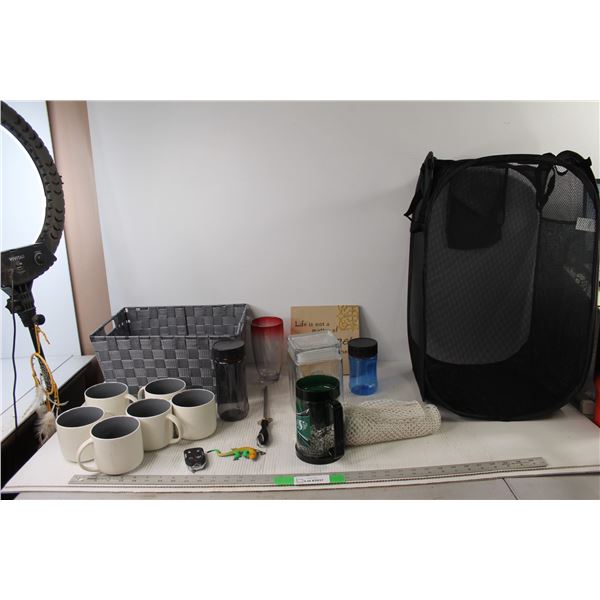 Basket, Laundry Basket, Chevrolet Key Fob, (6) Mugs, Roughriders Mug, Glass Container, (3) Cups, Quo