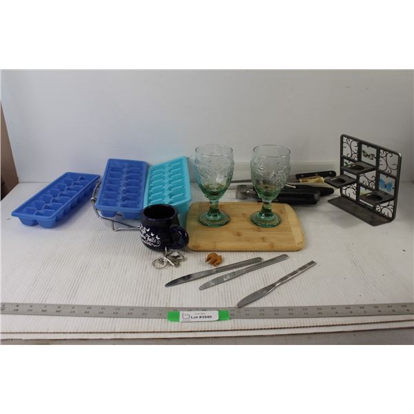(3) Ice Cube Trays, Cutting Board, (2) Glasses, Candle Holder, Assorted Kitchen Ware