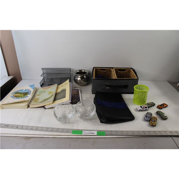 (4) Books, Organizer, (3) Boxes, (2) Glass Candy Dishes, (6) Toy Cars