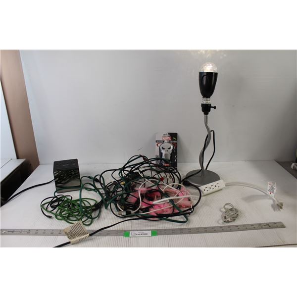Assorted Charging Cords and other cables, Sony Alarm Clock, Moving Night Light