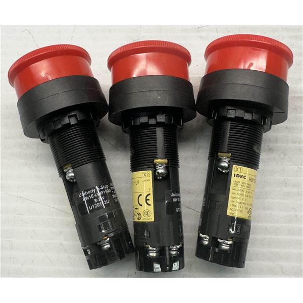 (3) Idec #HW1E-LV Red Emergency Stop Twist Reset Buttons