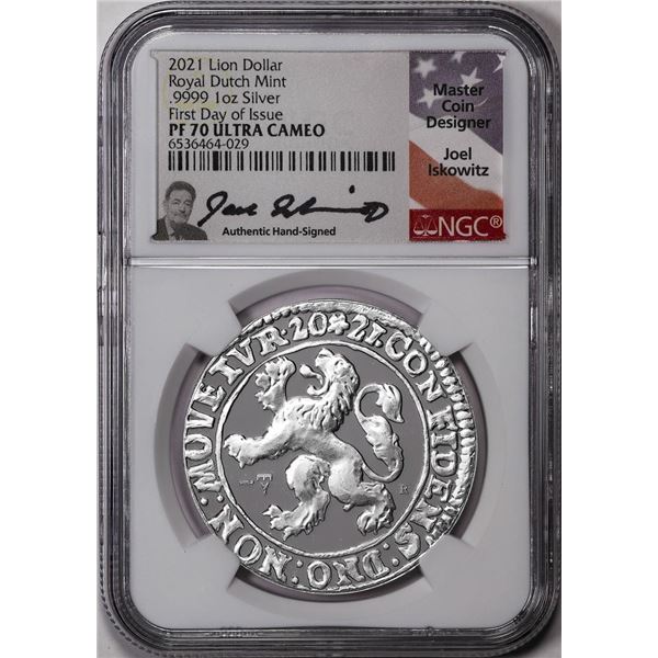 2021 Netherlands Proof Lion Dollar Silver Coin NGC PF70 Ultra Cameo FDOI Signed