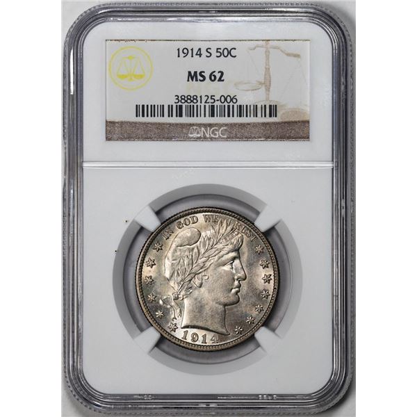 1914-S Barber Half Dollar Coin NGC MS62
