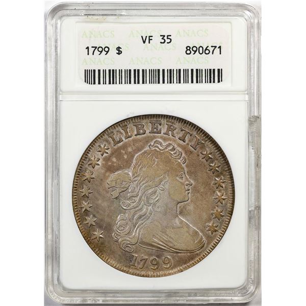 1799 $1 Draped Bust Silver Dollar Coin ANACS VF35 Old Soapbox Holder
