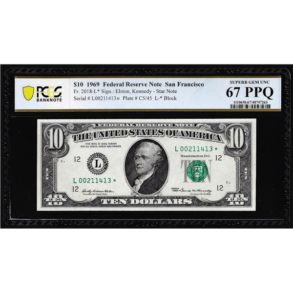 1969 $10 Federal Reserve STAR Note Fr.2018-L* PCGS Superb Gem Unc 67PPQ Top Pop