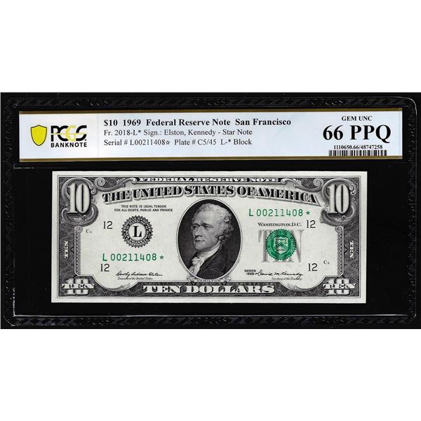 1969 $10 Federal Reserve STAR Note Fr.2018-L* PCGS Gem Uncirculated 66PPQ