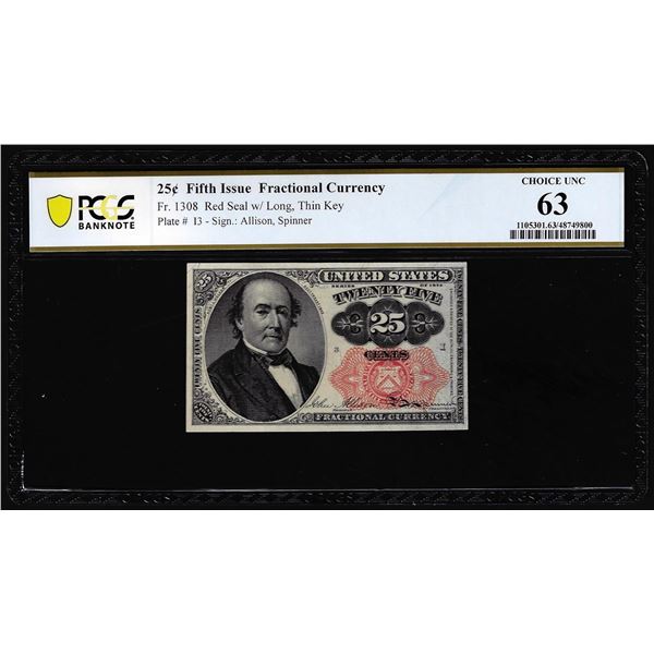 1874 Fifth Issue Twenty-Five Cents Fractional Currency Note Fr.1308 PCGS Choice Unc 63