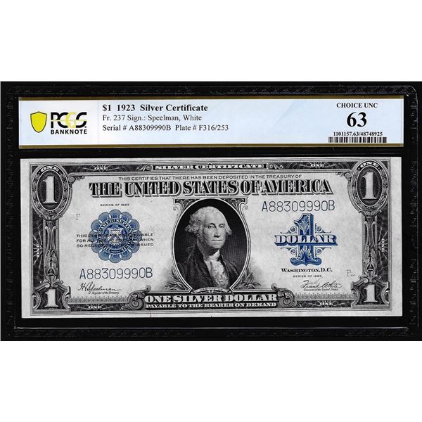 1923 $1 Silver Certificate Note Fr.237 PCGS Choice Uncirculated 63