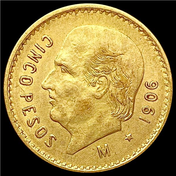1906 Mexico Gold 5 Pesos 0.1206oz CLOSELY UNCIRCULATED