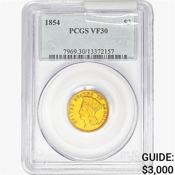 1854 $3 Gold Piece PCGS VF30