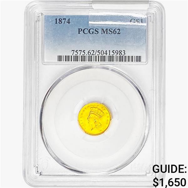 1874 Rare Gold Dollar PCGS MS62