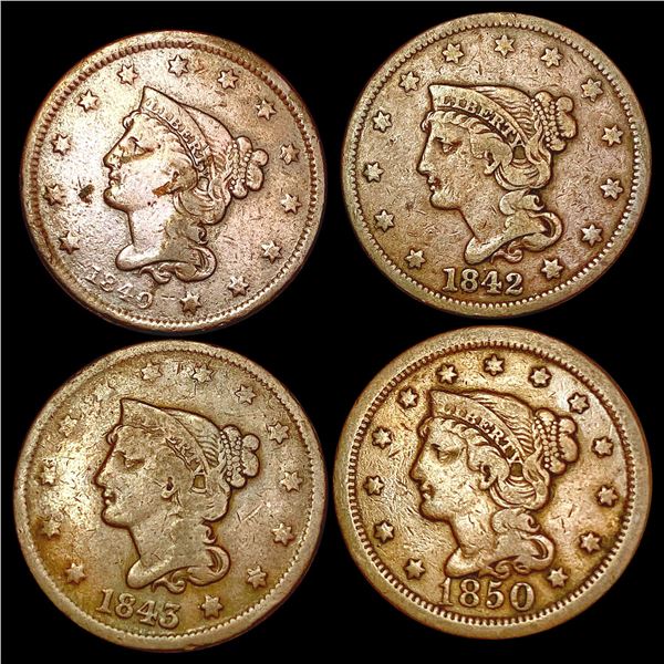 1840-1850 [4] Braided Hair Large Cent LIGHTLY CIRCULATED