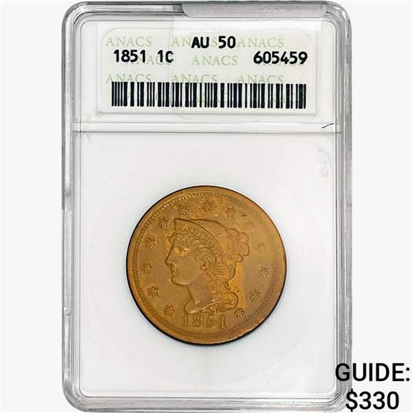 1851 Braided Hair Large Cent ANACS AU50