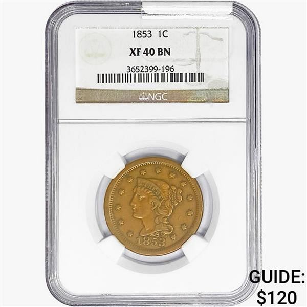 1853 Braided Hair Large Cent NGC XF40 BN