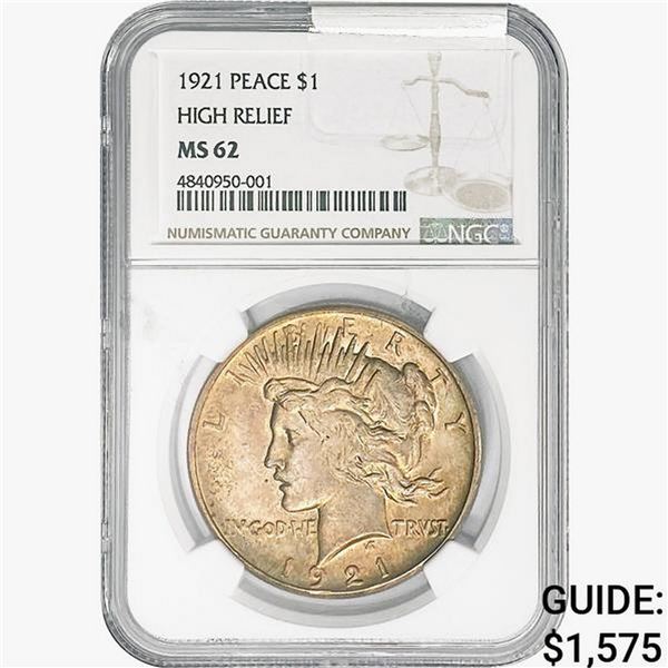1921 Silver Peace Dollar NGC MS62 High Relief