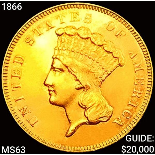 1866 $3 Gold Piece CHOICE BU