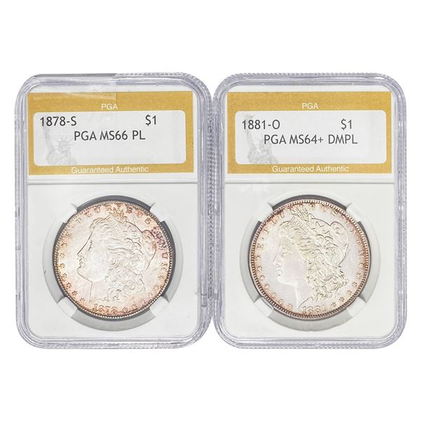 1878-S, 1881-O PGA Graded Morgan Silver Dollars PL and DMPL [2 Coins]