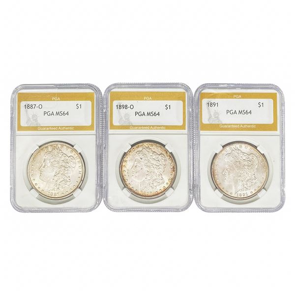1887-1898 UNC PGA Graded Morgan Silver Dollars [3 Coins]