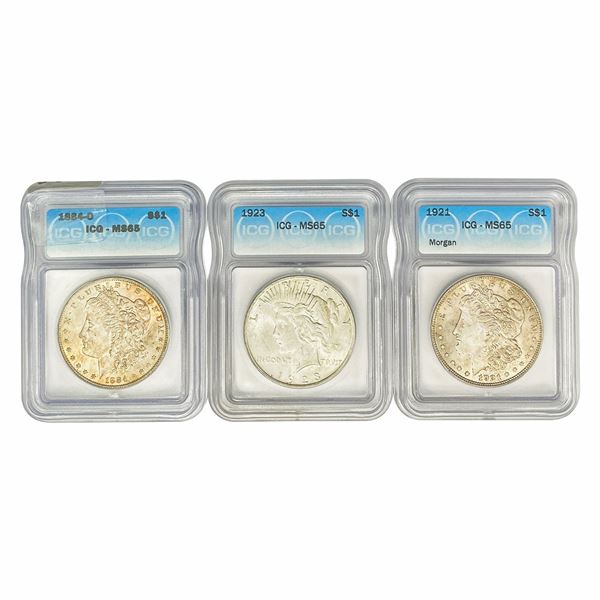 1884-1923 BU Morgan and Peace Silver Dollars [3 Coins] ICG MS65