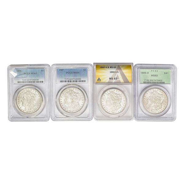 1880-1896 BU Morgan Silver Dollars [4 Coins] PCGS,ANACS MS63-64