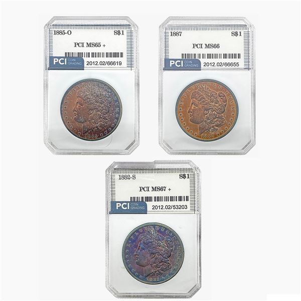 1882-1887 BU Toned Morgan Silver Dollars [3 Coins] PCI MS65-67