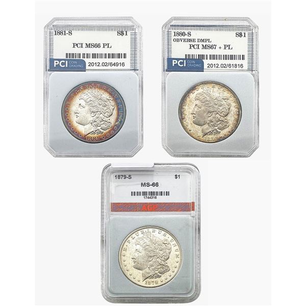 1879-1881 BU Toned Morgan Silver Dollars [3 Coins] PCI,APG MS66-67