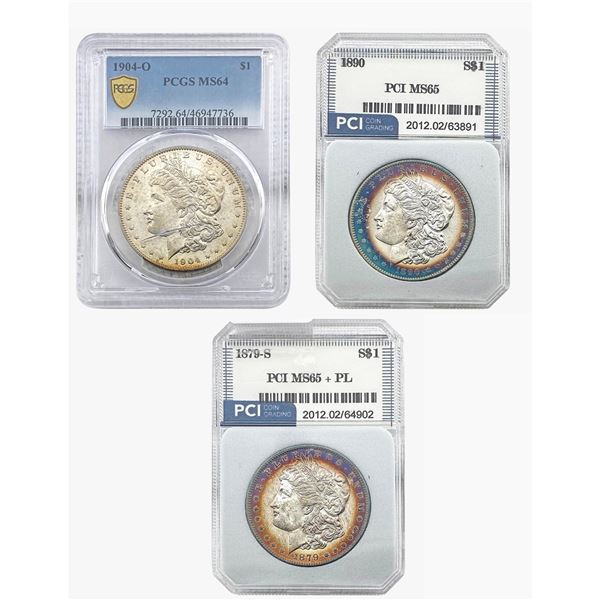 1879-1904 BU Toned Morgan Silver Dollars [3 Coins] PCGS, PCI MS64-65