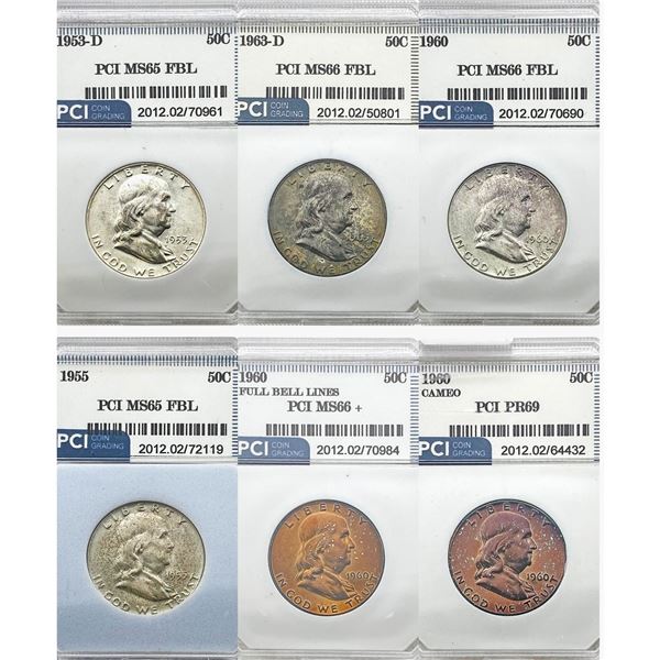 1953-1963 BU/PR BU Toned Franklin Half Dollars [6 Coins] PCI MS,PR65-69