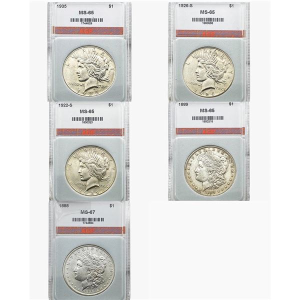 1888-1935 BU Morgan and Peace Silver Dollars [5 Coins] APG