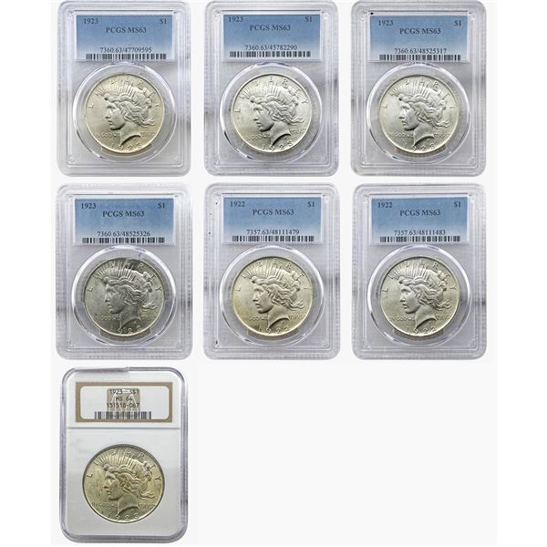1922-1923 BU Silver Peace Dollars [7 Coins] PCGS,NGC MS63-64